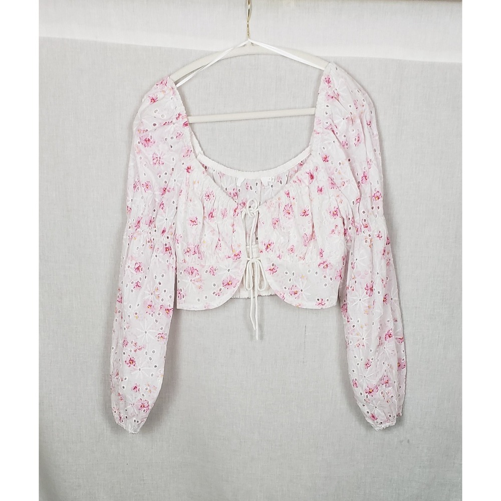ASTR the Label Pink Floral Eyelet Crop‎ Top Tie Front Smock S Coquette Soft Girl